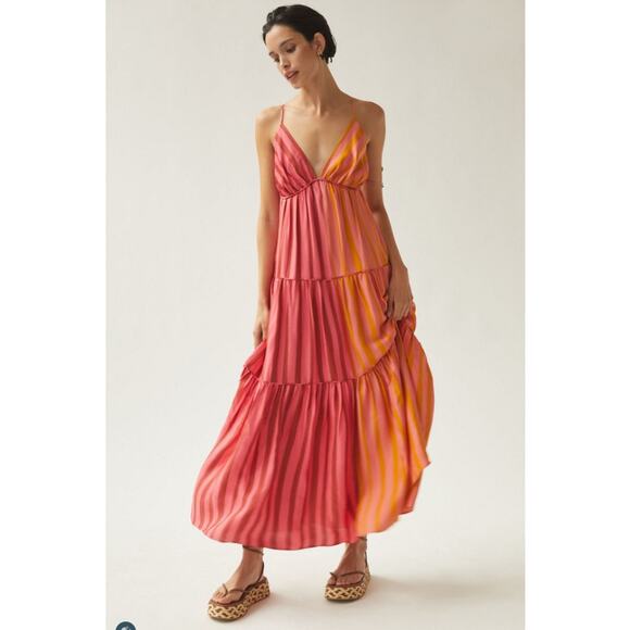 Farm Rio Dress XXS Deep V Mixed Stripe Maxi Tiered Colorful Tropical Boho Chic - Picture 1 of 14